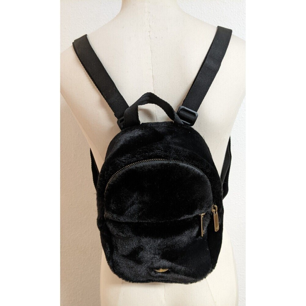 ADIDAS Black Faux Fur Adjustable Mini-Backpack Gold Trefoil Hardware - Picture 2 of 16
